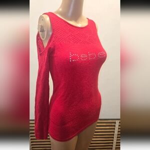 bebe Rhinestone Logo Cold-Shoulder Sweater Tank - Bright Red - XS